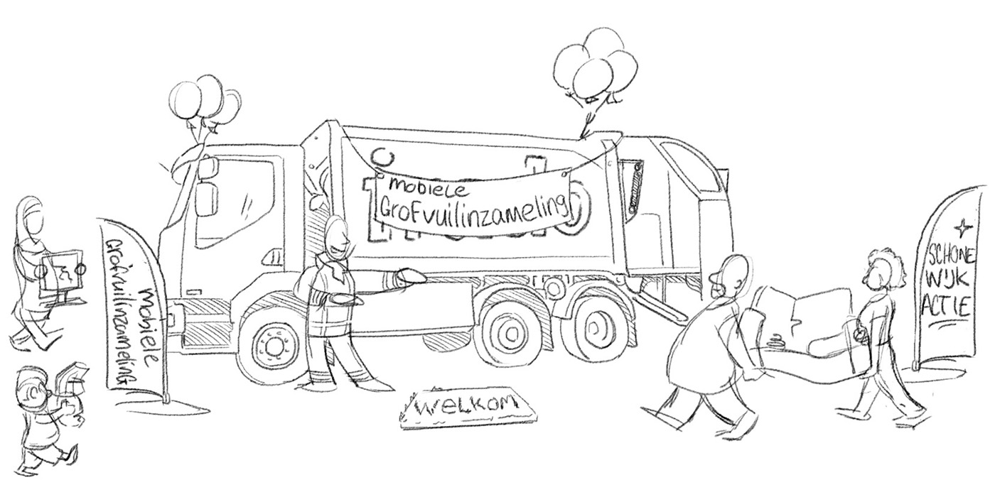 potloodschets  voor het storyboard Schiedam Schoon.