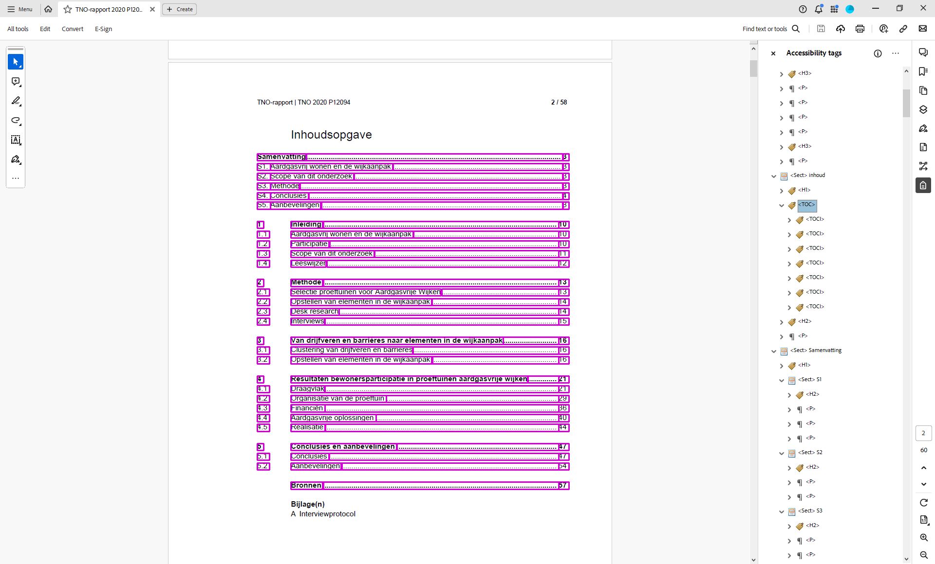 schermafbeelding van Adobe Acrobat Pro met inhoudsopgave tags